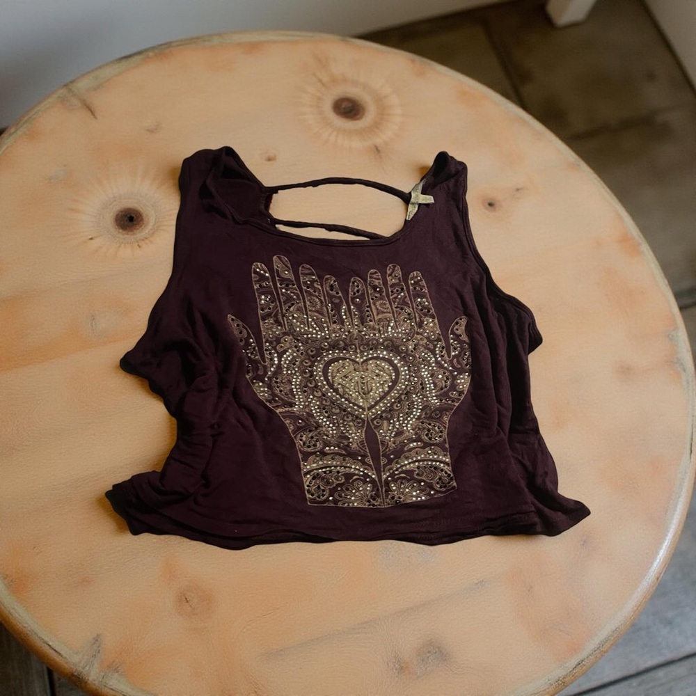 Open Back Gold Crystal Embellished Henna Design Sleeveless Cropped Top